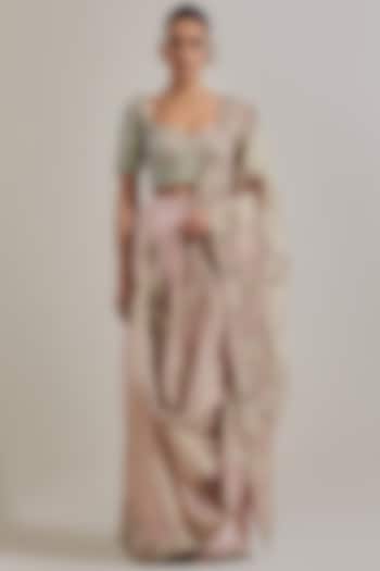 Green & Pink Satin Hand Embellished Draped Wedding Saree Set by Kavita Bhartia at Pernia's Pop Up Shop
