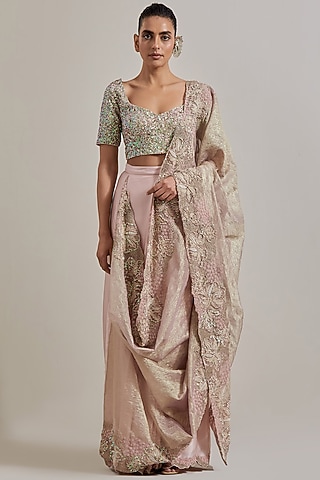 Green & Pink Satin Hand Embellished Draped Saree Set by Kavita Bhartia