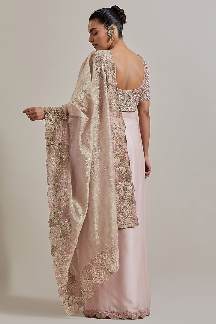 Green & Pink Satin Hand Embellished Draped Wedding Saree Set by Kavita Bhartia at Pernia's Pop Up Shop