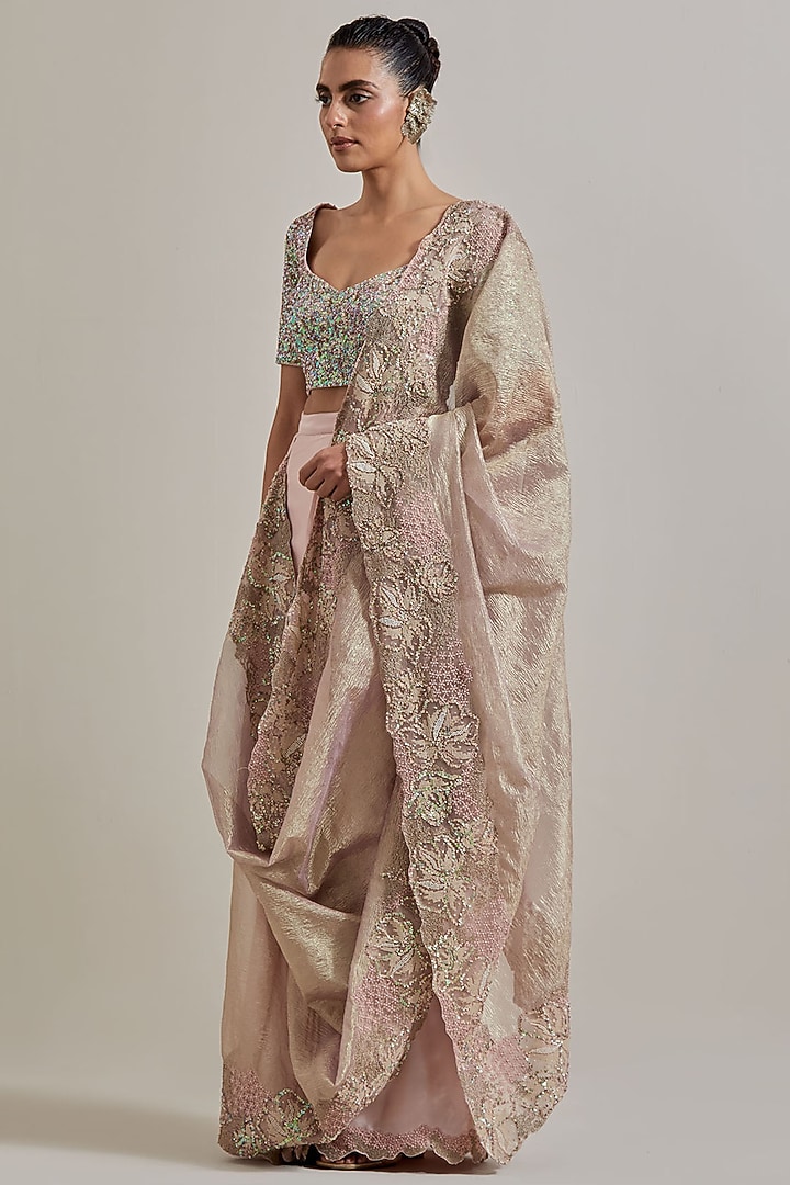 Green & Pink Satin Hand Embellished Draped Wedding Saree Set by Kavita Bhartia at Pernia's Pop Up Shop