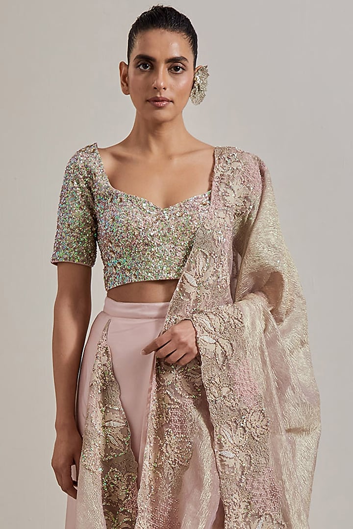 Green & Pink Satin Hand Embellished Draped Wedding Saree Set by Kavita Bhartia at Pernia's Pop Up Shop