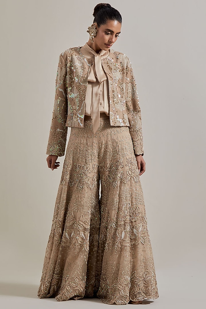Pink Satin Hand Embellished Bridal Sharara Set by Kavita Bhartia at Pernia's Pop Up Shop