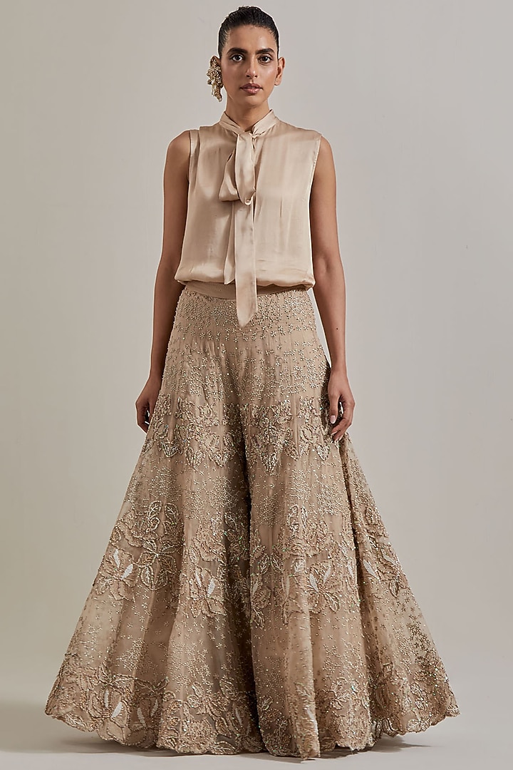 Pink Satin Hand Embellished Bridal Sharara Set by Kavita Bhartia at Pernia's Pop Up Shop