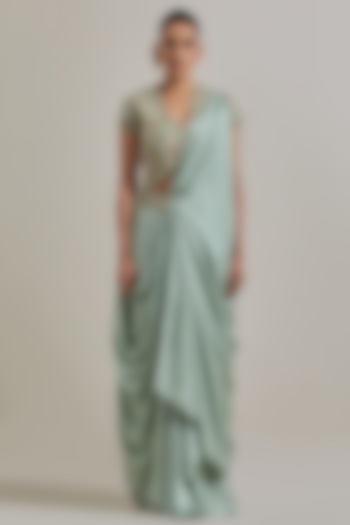 Sage Green Net Hand Embellished Draped Wedding Saree Set by Kavita Bhartia at Pernia's Pop Up Shop