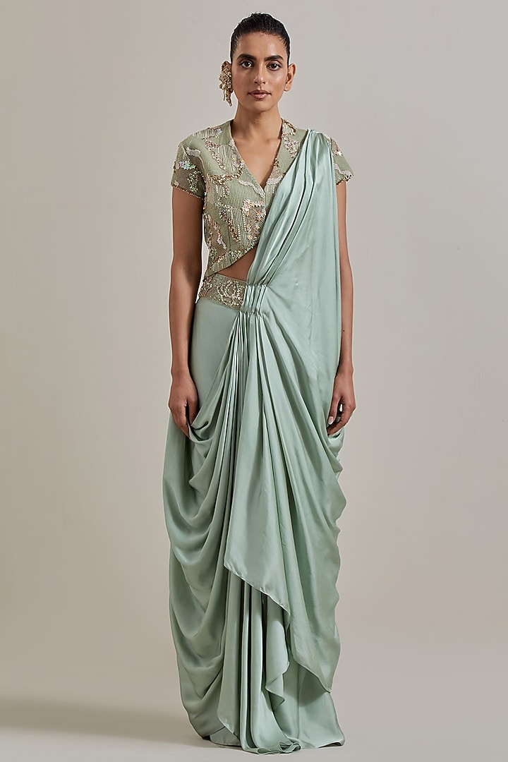 Sage Green Net Hand Embellished Draped Wedding Saree Set by Kavita Bhartia at Pernia's Pop Up Shop