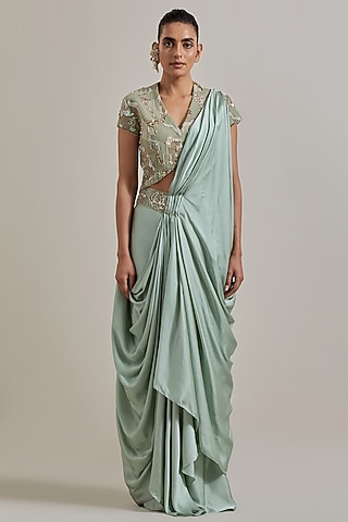 Sage Green Net Hand Embellished Draped Saree Set by Kavita Bhartia