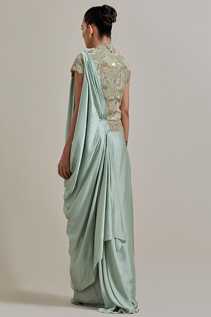 Sage Green Net Hand Embellished Draped Wedding Saree Set by Kavita Bhartia at Pernia's Pop Up Shop