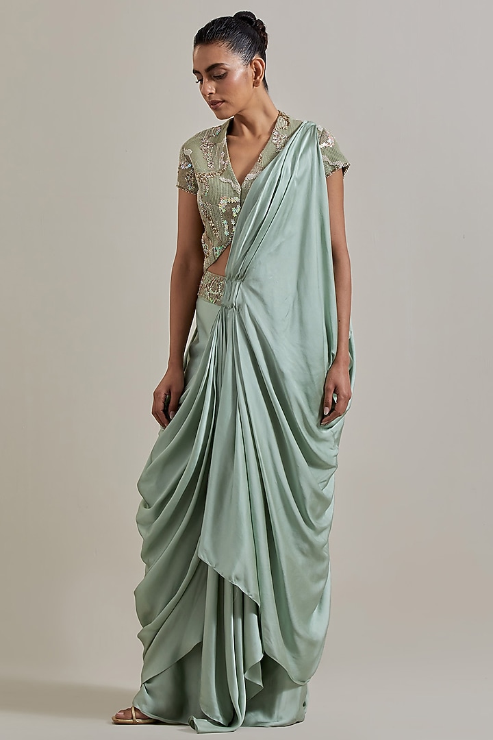 Sage Green Net Hand Embellished Draped Wedding Saree Set by Kavita Bhartia at Pernia's Pop Up Shop