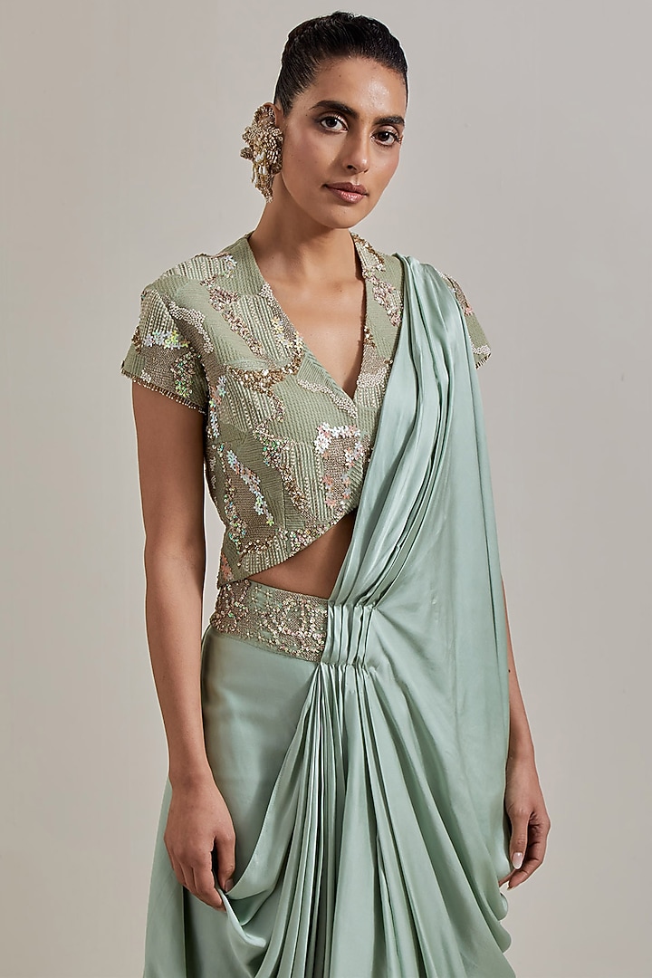 Sage Green Net Hand Embellished Draped Wedding Saree Set by Kavita Bhartia at Pernia's Pop Up Shop