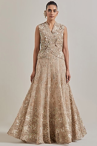 Gold Net & Organza Hand Embellished Skirt Set by Kavita Bhartia