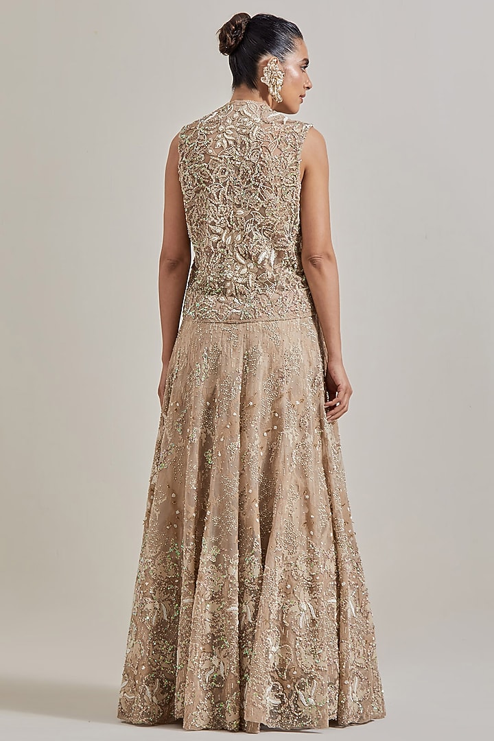 Gold Net & Organza Hand Embellished Skirt Set by Kavita Bhartia at Pernia's Pop Up Shop