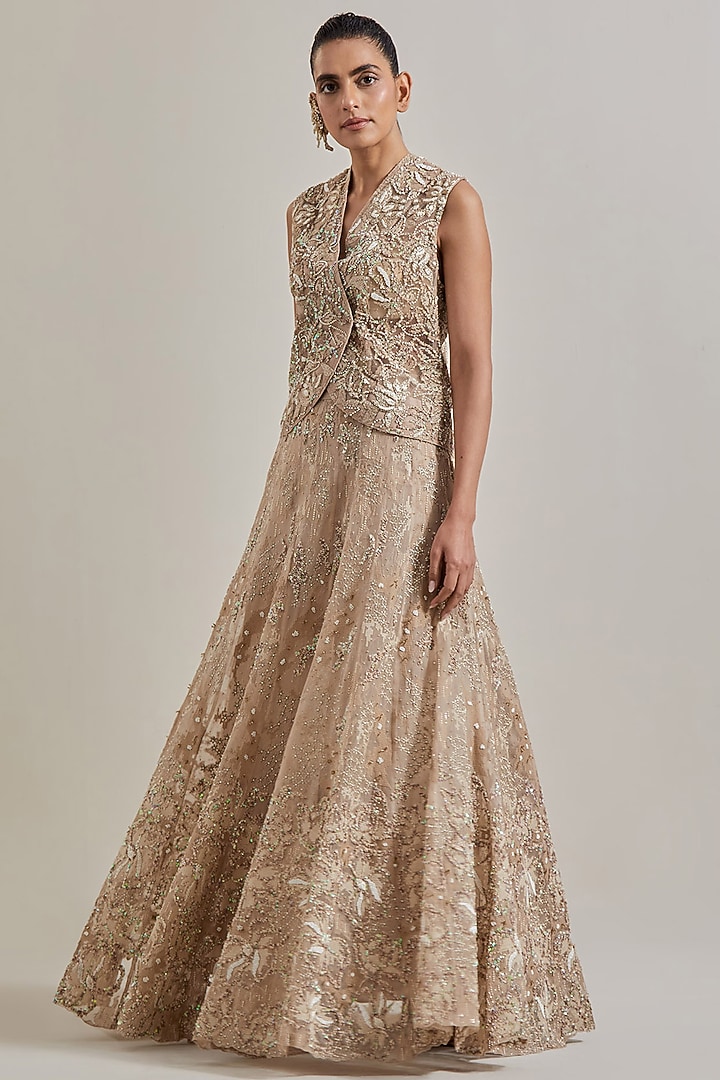 Gold Net & Organza Hand Embellished Skirt Set by Kavita Bhartia at Pernia's Pop Up Shop