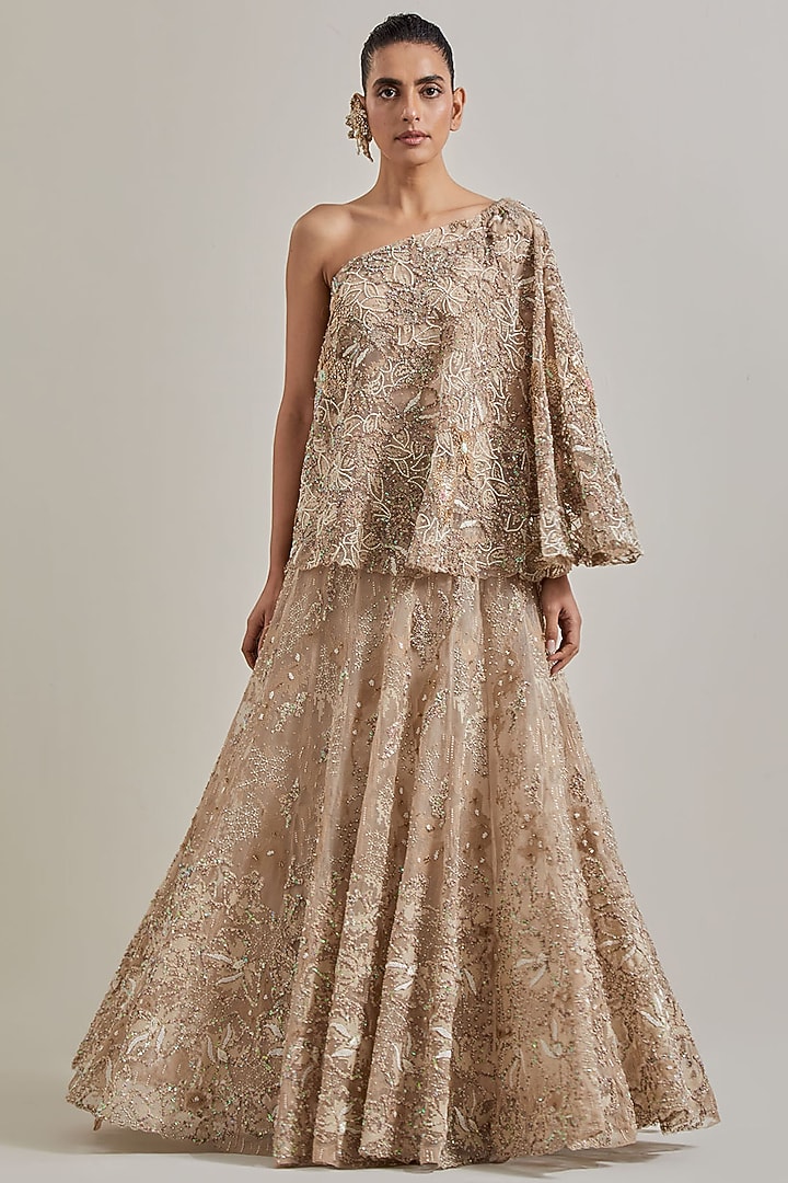Gold Net & Organza Hand Embellished Skirt Set by Kavita Bhartia at Pernia's Pop Up Shop