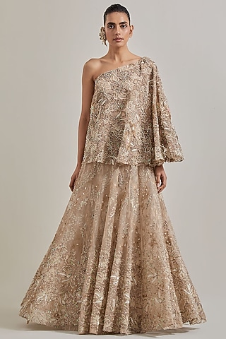 Gold Net & Organza Hand Embellished Skirt Set by Kavita Bhartia