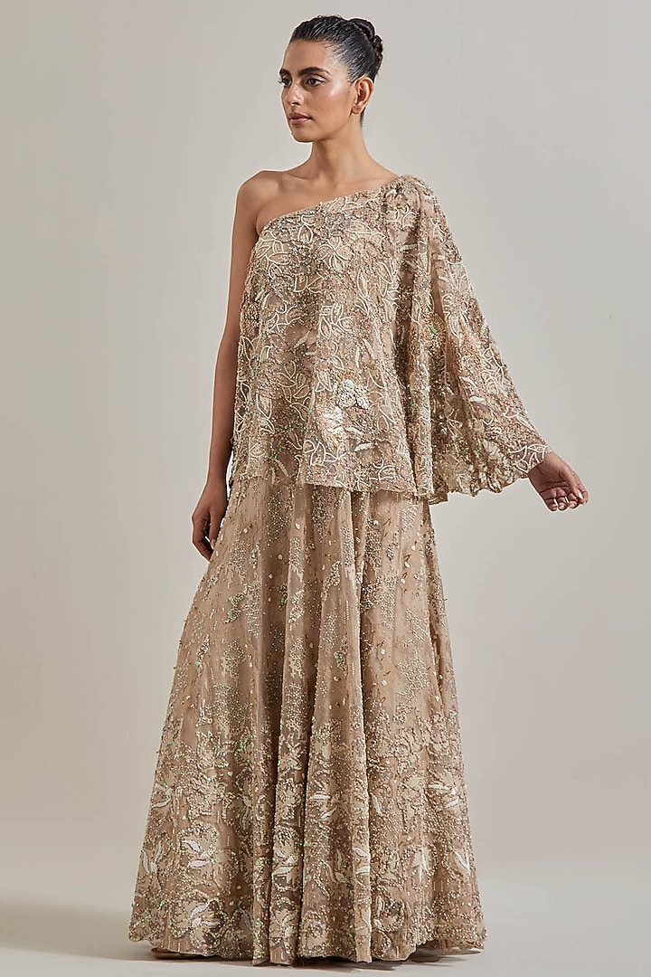 Gold Net & Organza Hand Embellished Skirt Set by Kavita Bhartia at Pernia's Pop Up Shop