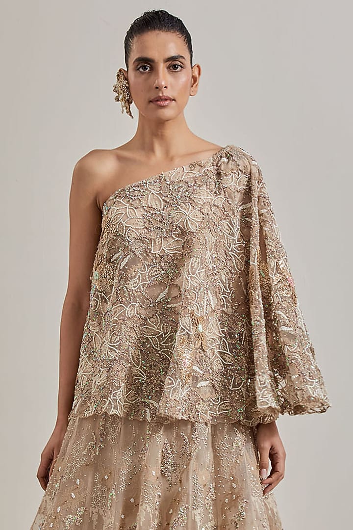 Gold Net & Organza Hand Embellished Skirt Set by Kavita Bhartia at Pernia's Pop Up Shop
