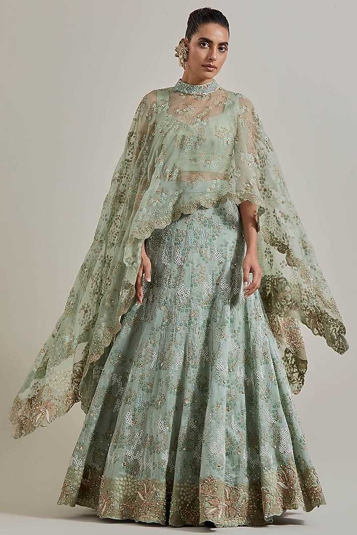 Sage Green Chanderi Silk Skirt Set by Kavita Bhartia at Pernia's Pop Up Shop