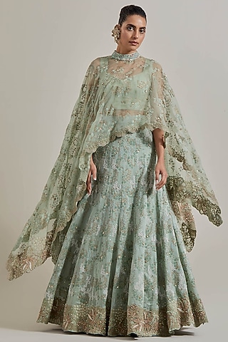 Sage Green Chanderi Silk Skirt Set by Kavita Bhartia