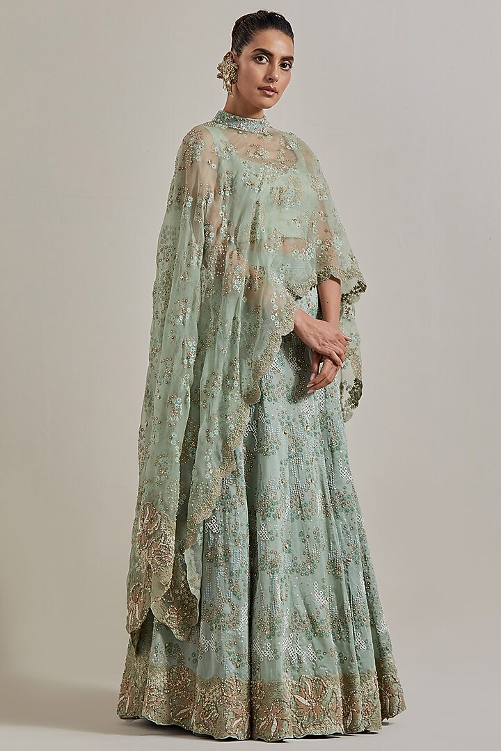 Sage Green Chanderi Silk Skirt Set by Kavita Bhartia at Pernia's Pop Up Shop