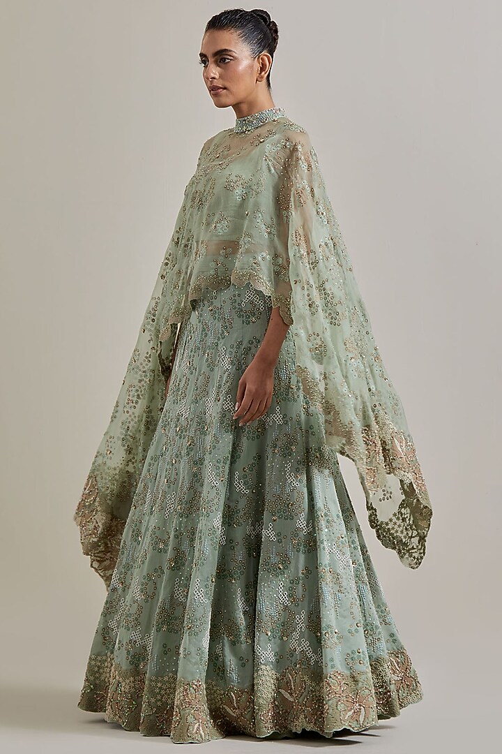Sage Green Chanderi Silk Skirt Set by Kavita Bhartia at Pernia's Pop Up Shop