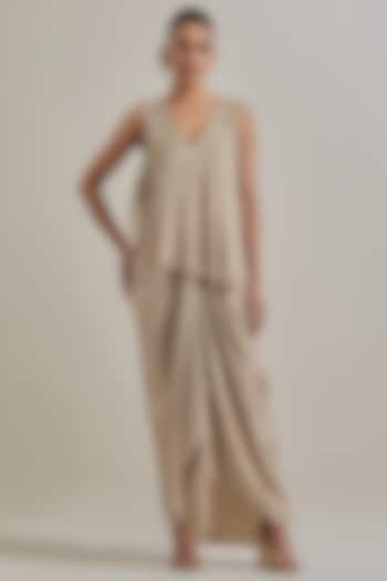 Gold Satin Draped Skirt Set by Kavita Bhartia at Pernia's Pop Up Shop