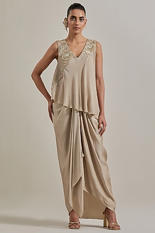 Gold Satin Draped Skirt Set by Kavita Bhartia