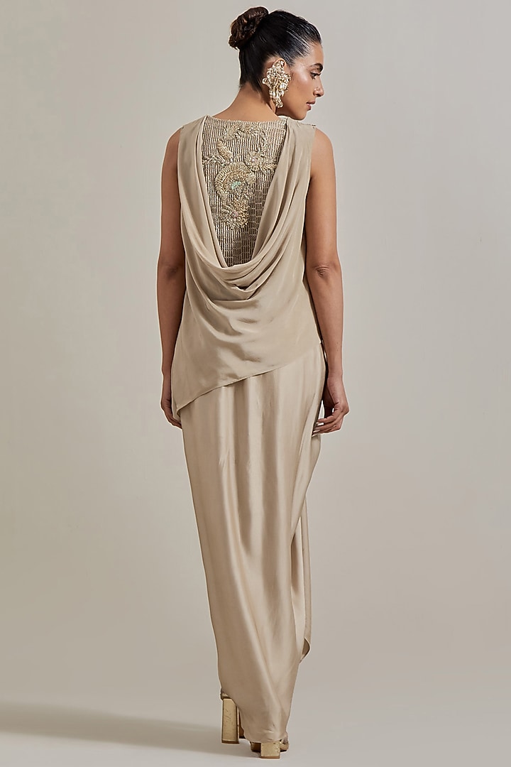 Gold Satin Draped Skirt Set by Kavita Bhartia at Pernia's Pop Up Shop