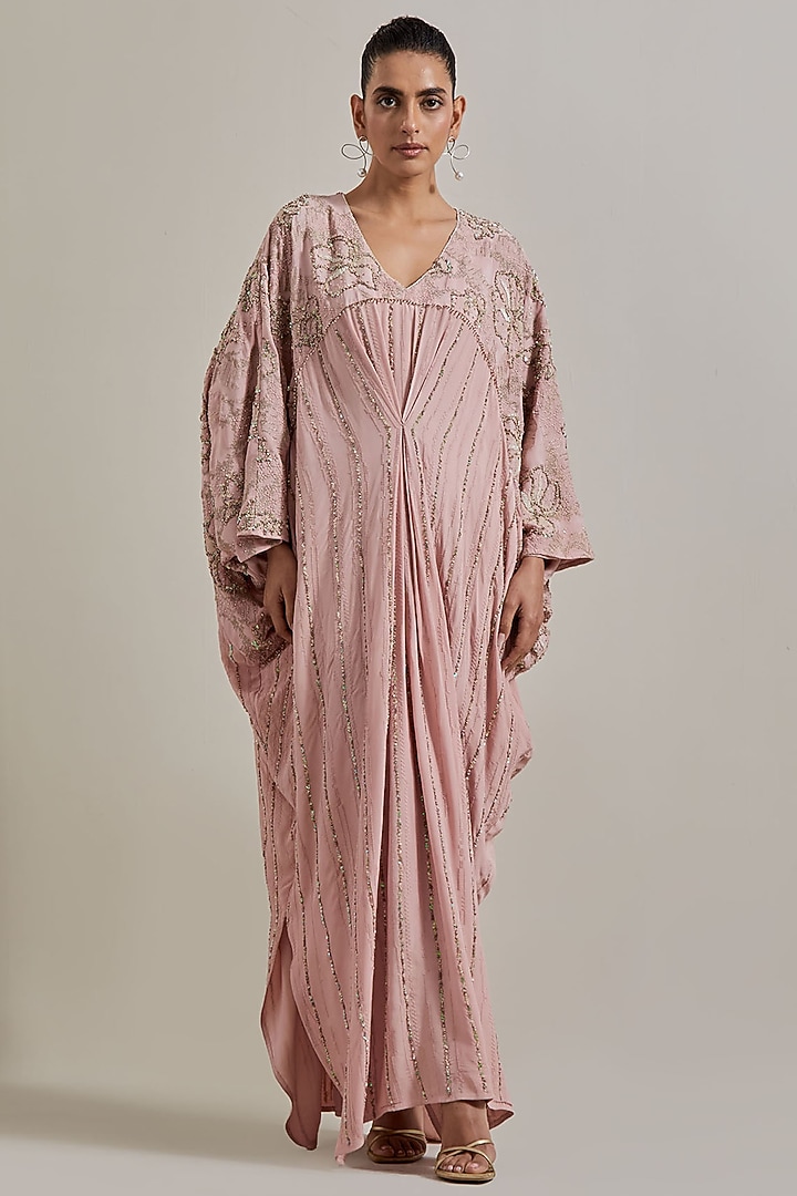 Pink Crepe Hand Embellished Kaftan by Kavita Bhartia at Pernia's Pop Up Shop