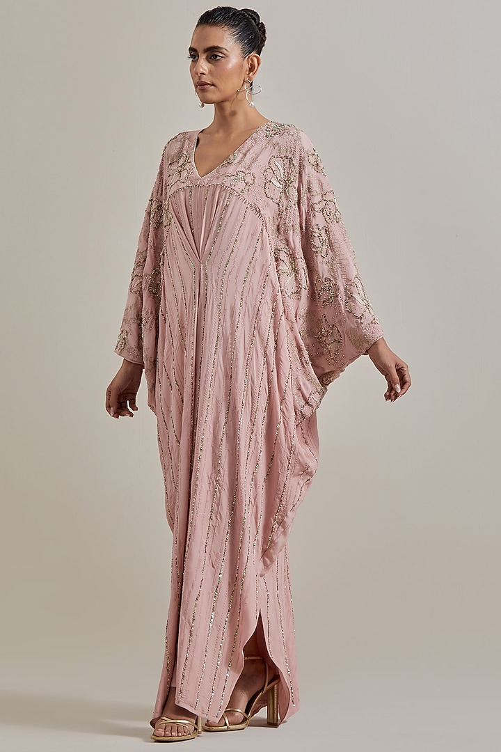Pink Crepe Hand Embellished Kaftan by Kavita Bhartia at Pernia's Pop Up Shop