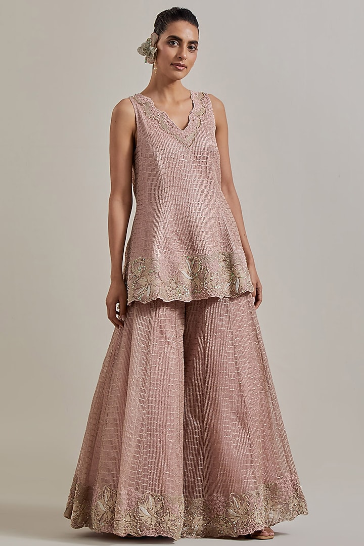 Pink Organza & Net Hand Embellished Bridal Sharara Set by Kavita Bhartia at Pernia's Pop Up Shop