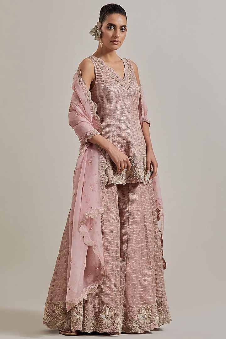 Pink Organza & Net Hand Embellished Bridal Sharara Set by Kavita Bhartia at Pernia's Pop Up Shop