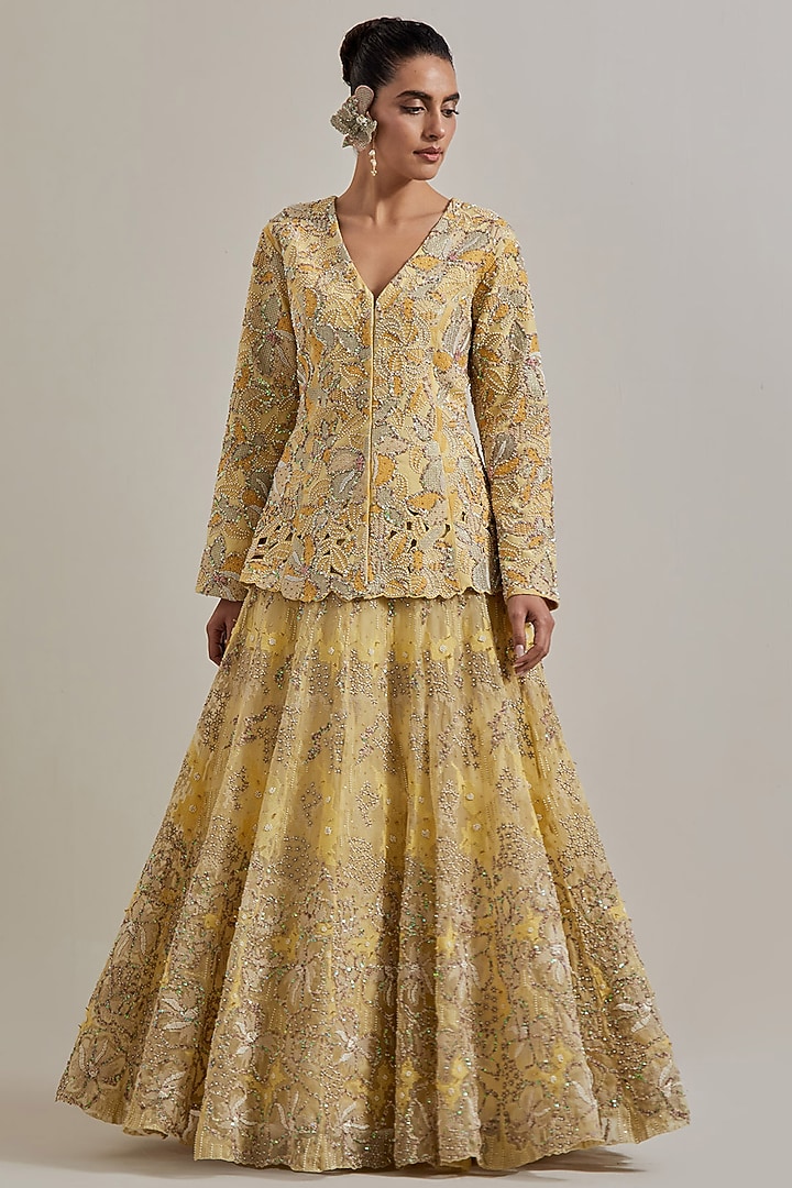 Lemon Yellow Organza Hand Embellished Skirt Set by Kavita Bhartia at Pernia's Pop Up Shop