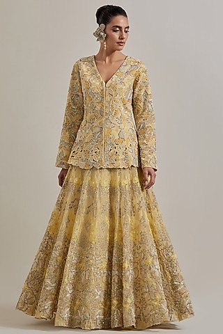 Lemon Yellow Organza Hand Embellished Skirt Set by Kavita Bhartia