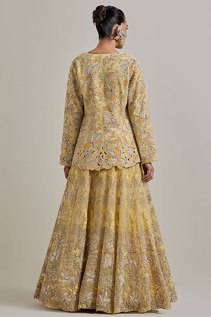 Lemon Yellow Organza Hand Embellished Skirt Set by Kavita Bhartia at Pernia's Pop Up Shop