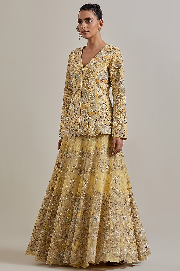 Lemon Yellow Organza Hand Embellished Skirt Set by Kavita Bhartia at Pernia's Pop Up Shop