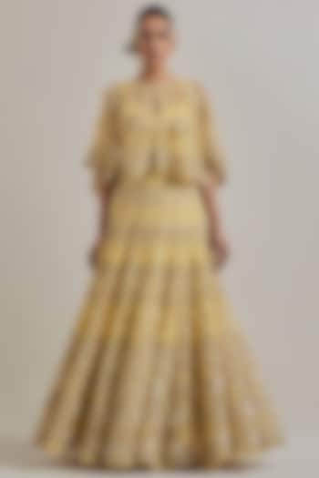 Lemon Yellow Organza Hand Embellished Skirt Set by Kavita Bhartia at Pernia's Pop Up Shop