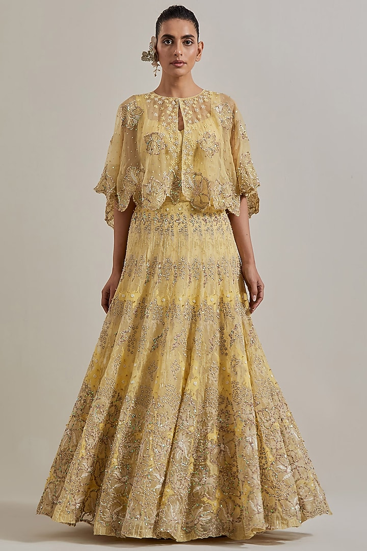Lemon Yellow Organza Hand Embellished Skirt Set by Kavita Bhartia at Pernia's Pop Up Shop
