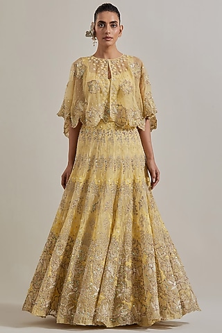 Lemon Yellow Organza Hand Embellished Skirt Set by Kavita Bhartia