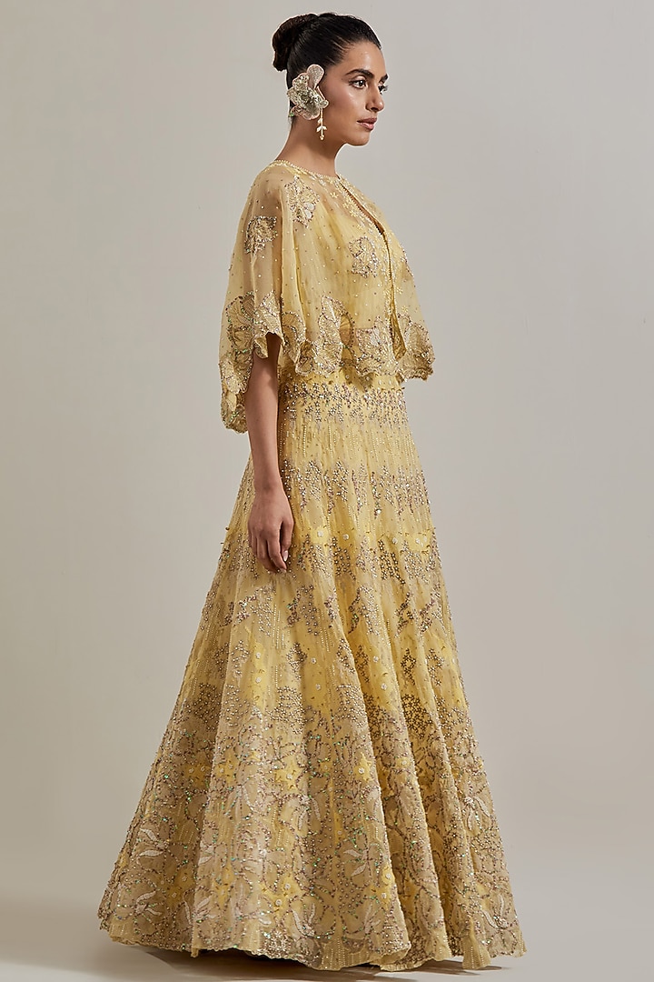 Lemon Yellow Organza Hand Embellished Skirt Set by Kavita Bhartia at Pernia's Pop Up Shop