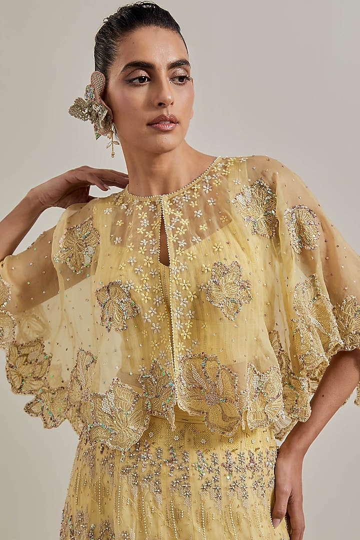 Lemon Yellow Organza Hand Embellished Skirt Set by Kavita Bhartia at Pernia's Pop Up Shop