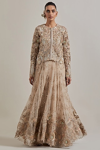 Champagne Gold Organza Hand Embellished Skirt Set by Kavita Bhartia