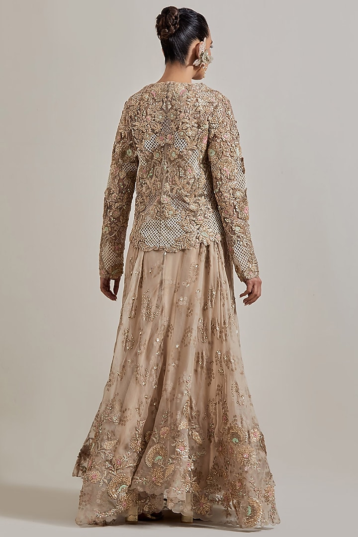 Champagne Gold Organza Hand Embellished Skirt Set by Kavita Bhartia at Pernia's Pop Up Shop
