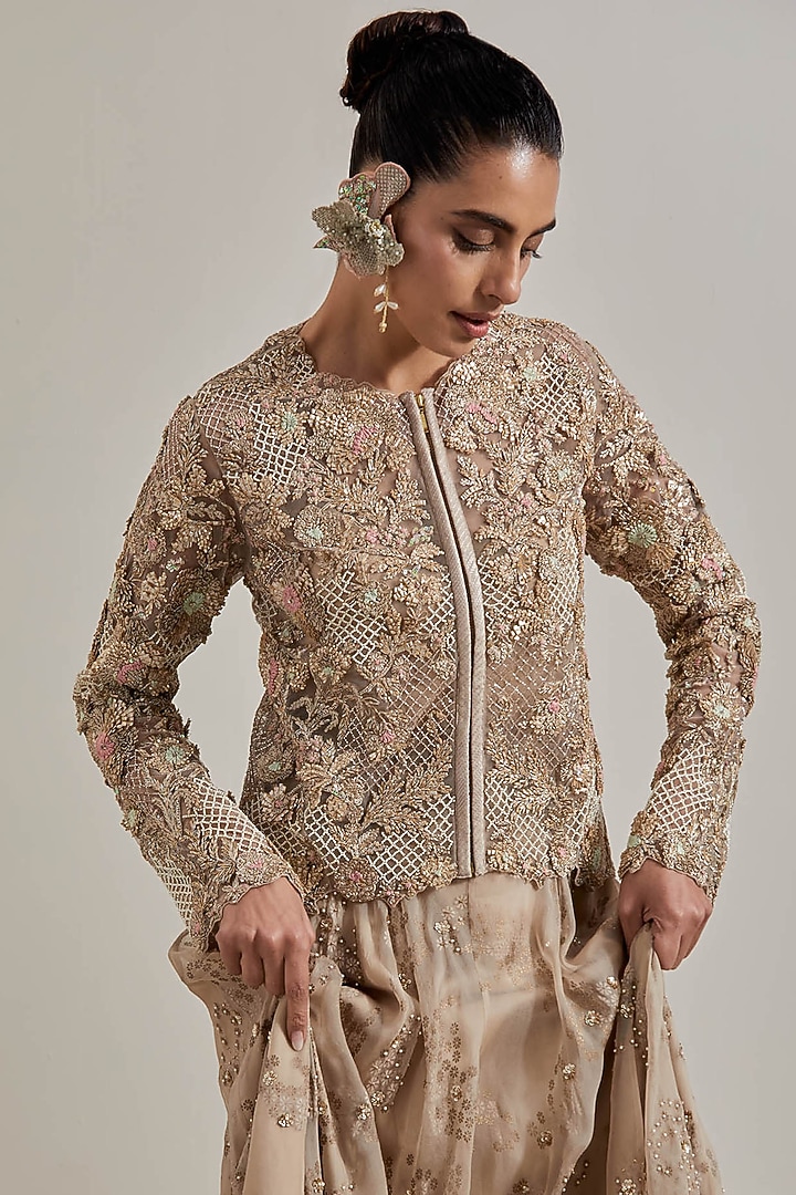 Champagne Gold Organza Hand Embellished Skirt Set by Kavita Bhartia at Pernia's Pop Up Shop