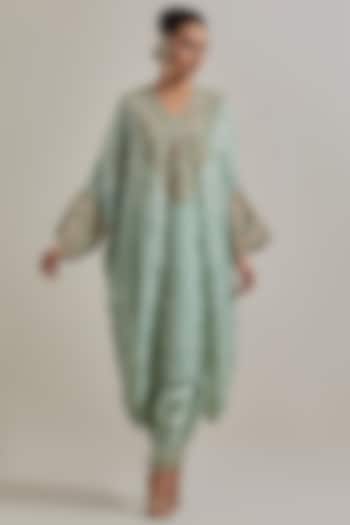 Green Silk Hand Embellished Kaftan Set by Kavita Bhartia at Pernia's Pop Up Shop