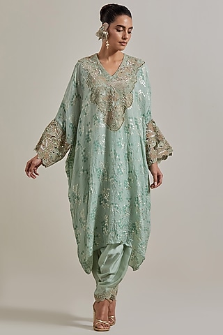 Green Silk Hand Embellished Kaftan Set by Kavita Bhartia