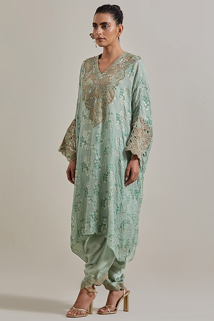 Green Silk Hand Embellished Kaftan Set by Kavita Bhartia at Pernia's Pop Up Shop