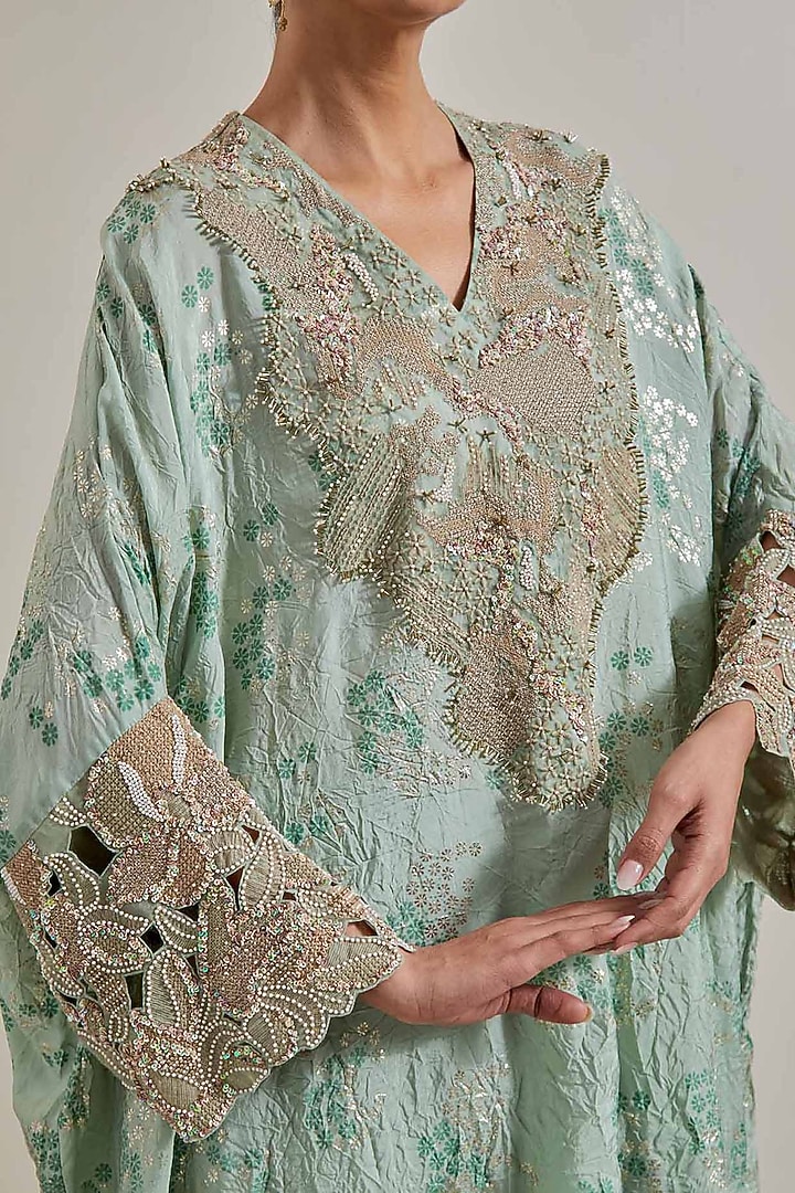 Green Silk Hand Embellished Kaftan Set by Kavita Bhartia at Pernia's Pop Up Shop