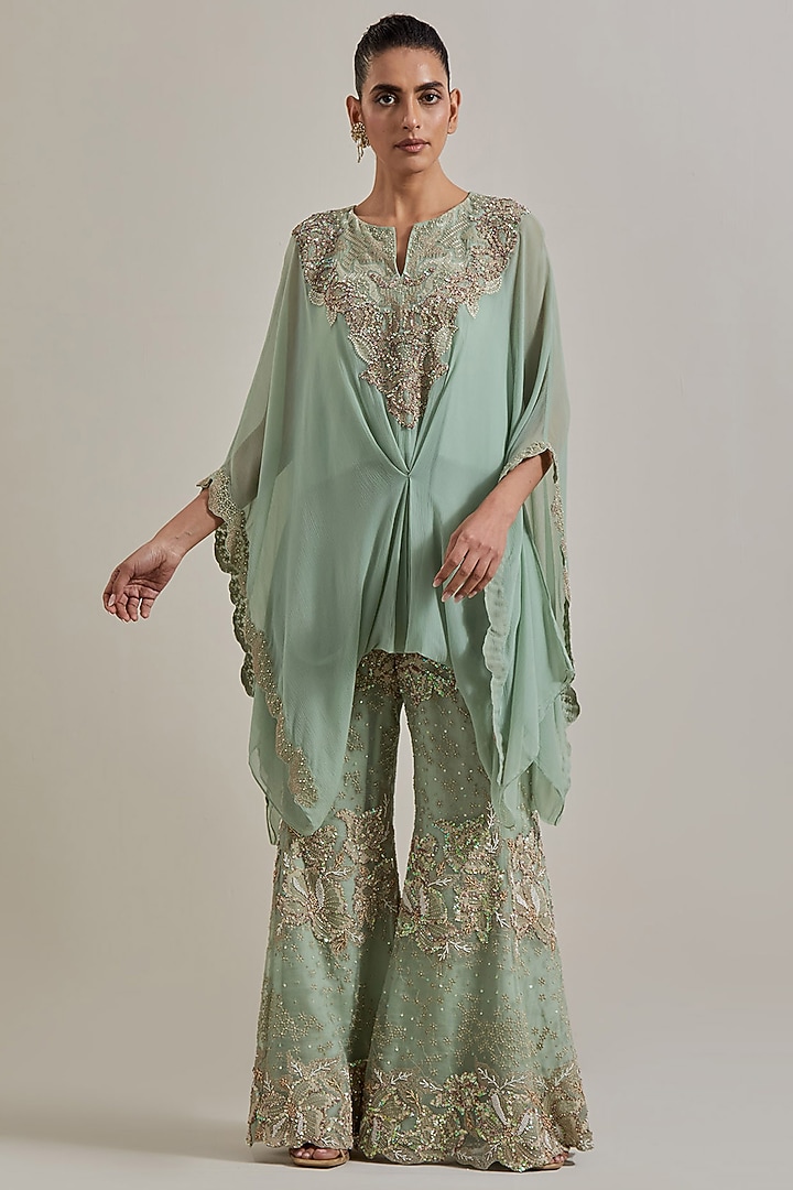Sage Green Organza Hand Embellished Pant Set by Kavita Bhartia at Pernia's Pop Up Shop