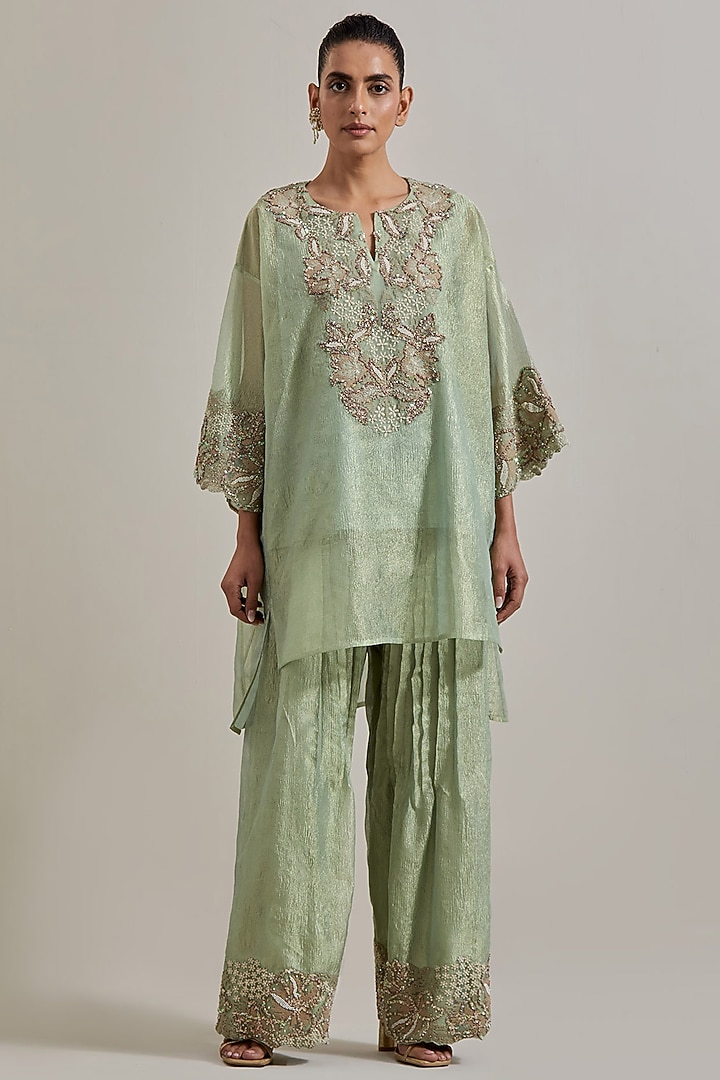Sage Green Organza Hand Embellished Tunic Set by Kavita Bhartia at Pernia's Pop Up Shop