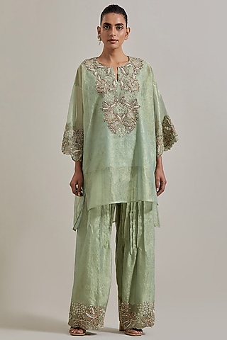 Sage Green Organza Hand Embellished Tunic Set by Kavita Bhartia